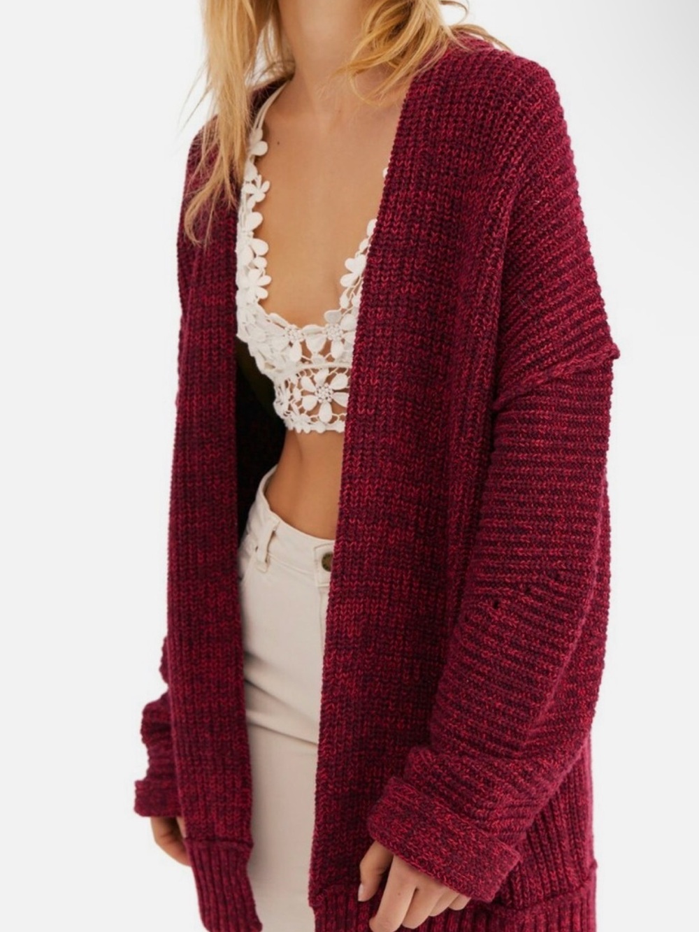 NWOT Free People High Hopes Open-Front Chunky Knit Cardigan Burgundy S
